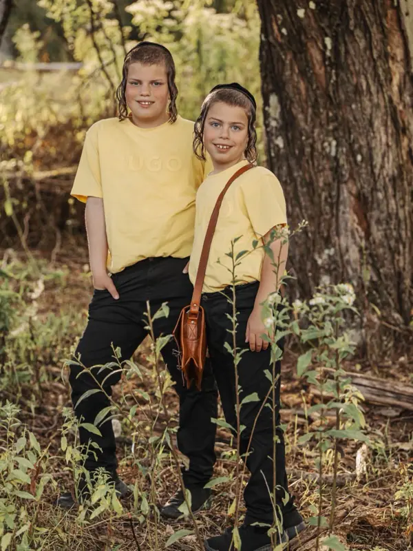 Two brothers in yellow shirts in the woods, outdoor photography by Photoholic, Rockland County NY